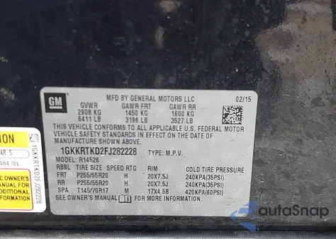 2015 GMC Acadia Denali from USA, damaged, VIN 1GKKRTKD2FJ282228